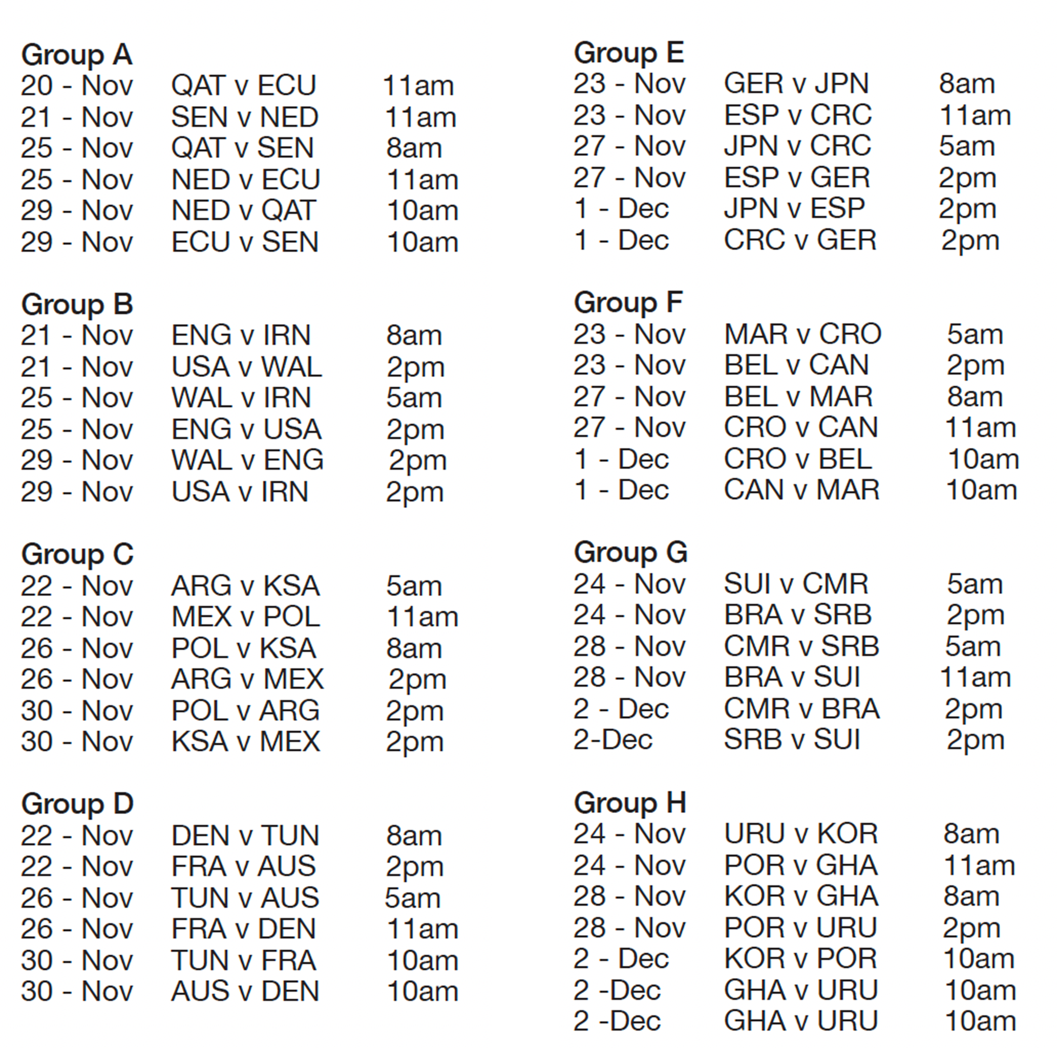 World Cup Schedule